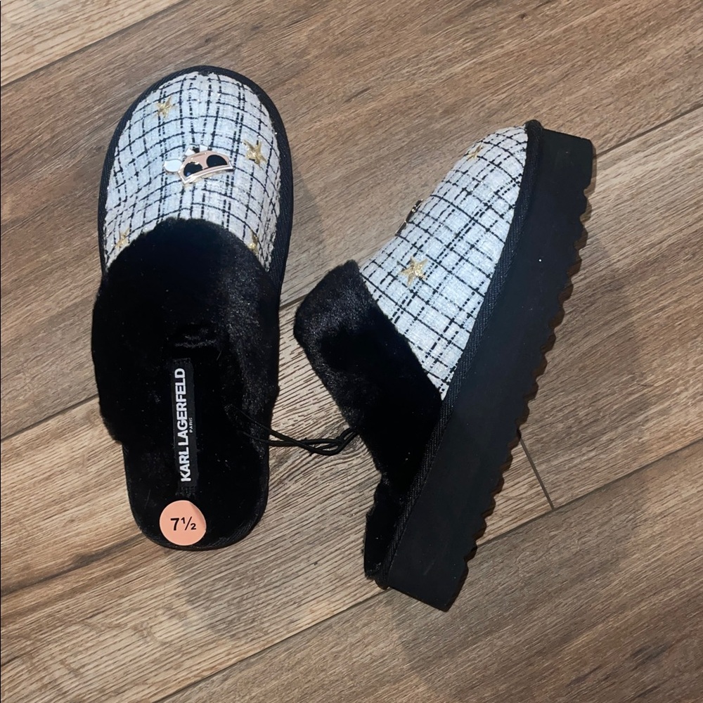 Karl Lagerfeld Plaid Black and White Slippers